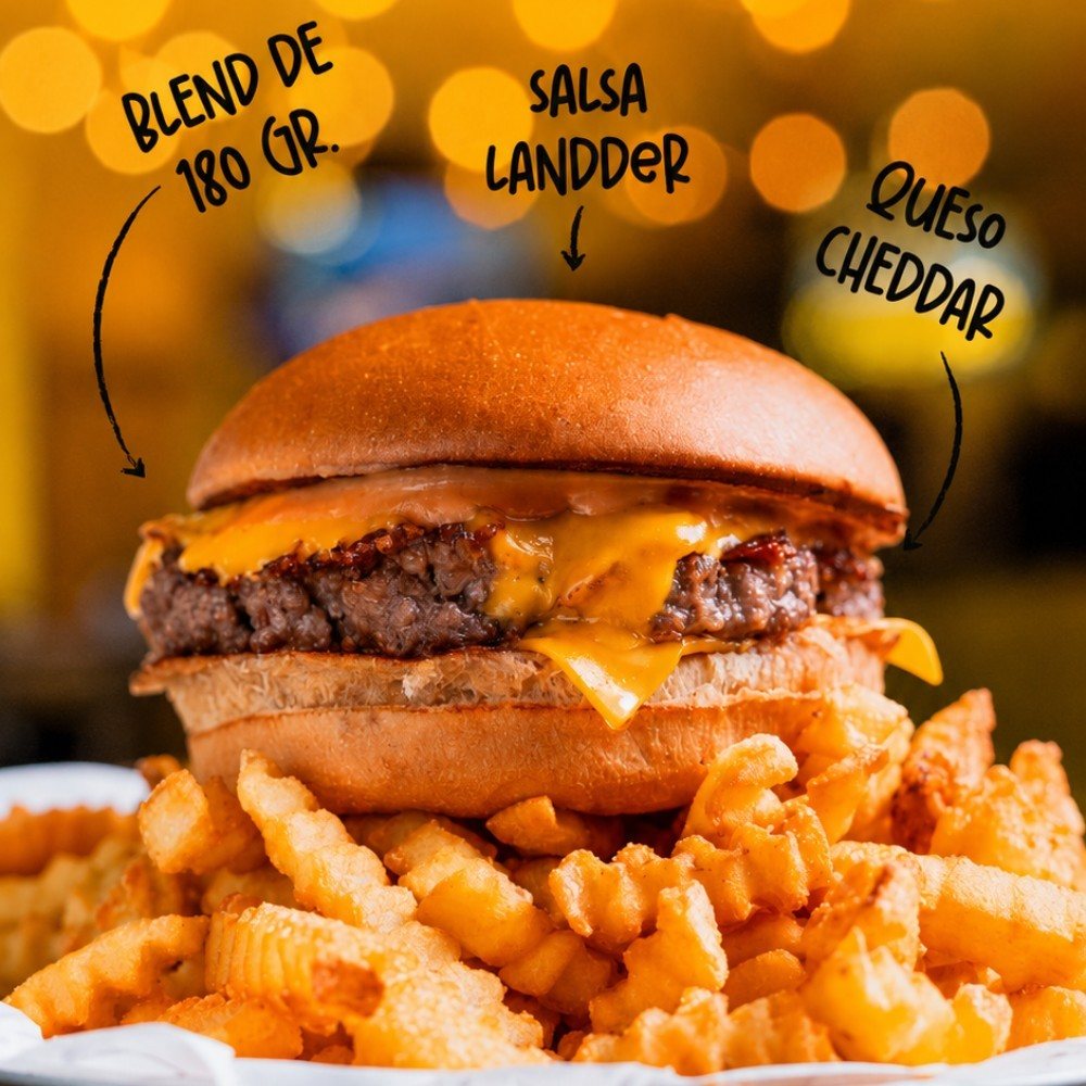 Orlando Cheese Burger con cheddar y salsa Landder, sobre papas fritas
